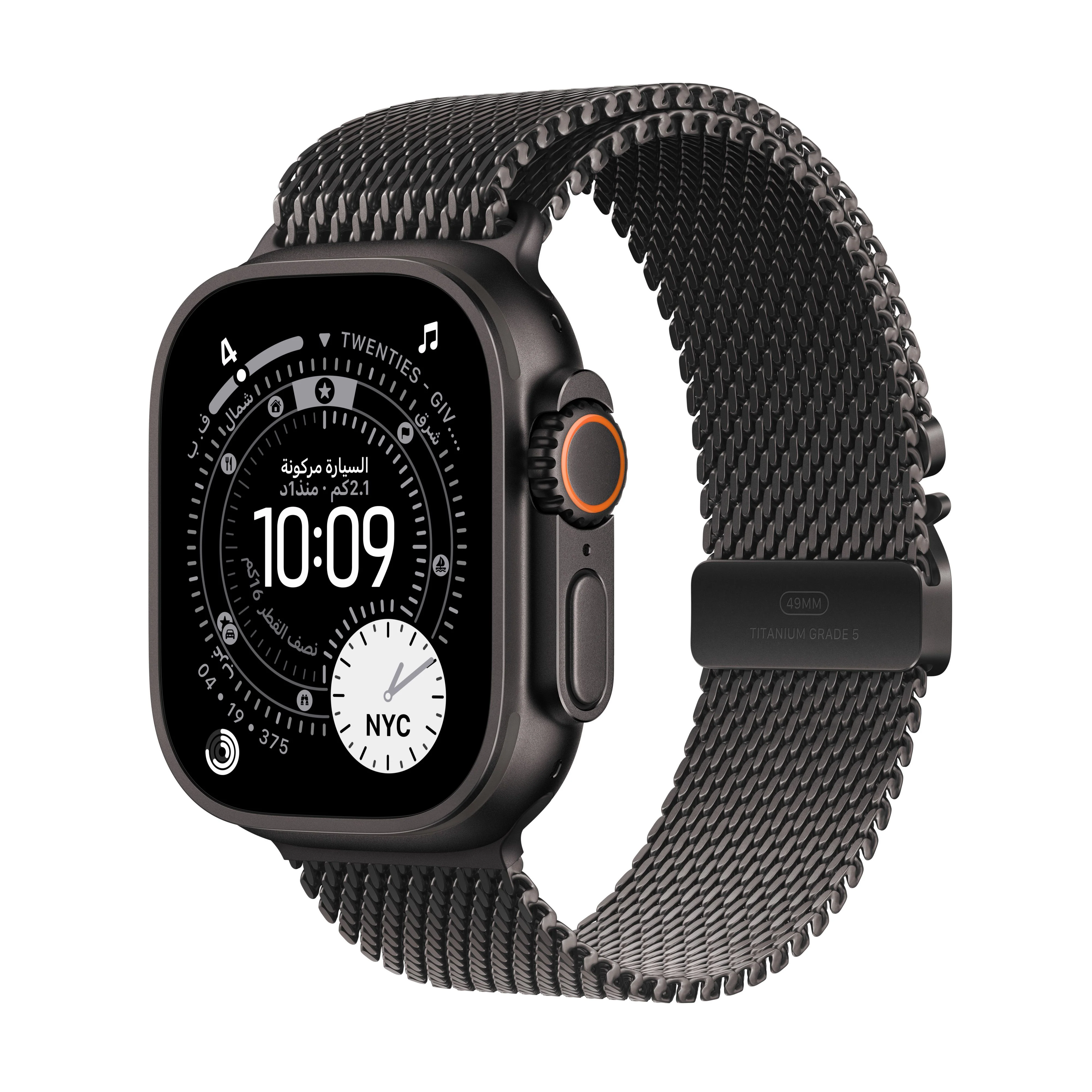 Apple Watch Ultra 3 موديل GPS + Cellular إطار تيتانيوم بلون أسود مقاس 49 مم مع حزام Loop ميلانيز من التيتانيوم الأسود - مقاس صغير